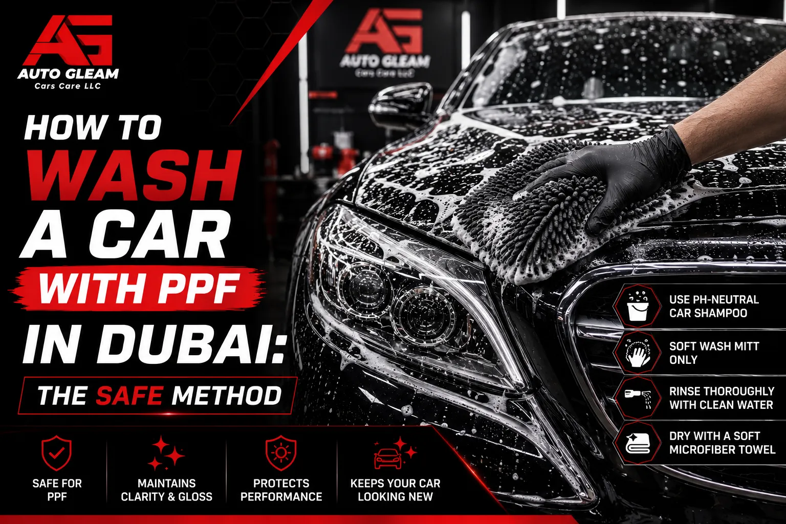 PPF in Dubai, paint protection film Dubai, how to wash a car with PPF, washing PPF safely, PPF car wash, PPF maintenance, PPF care tips, PPF safe wash, PPF-safe car shampoo, pH-neutral car wash soap, two-bucket wash method, PPF cleaning, PPF maintenance Dubai, ceramic coating over PPF, ceramic coated PPF, PPF self-healing, PPF scratches, PPF edge lifting, PPF water spots, remove water spots from PPF, PPF washing mistakes, pressure washing PPF, automatic car wash PPF, touchless car wash PPF, PPF film protection, paint protection film maintenance, PPF aftercare, PPF drying technique, microfiber towel for PPF, PPF safe products, PPF protection Dubai, car detailing Dubai, PPF care in hot weather, washing PPF in Dubai, Dubai heat car care, dust and sand PPF, PPF water spot removal, PPF bird droppings removal, PPF tar removal,