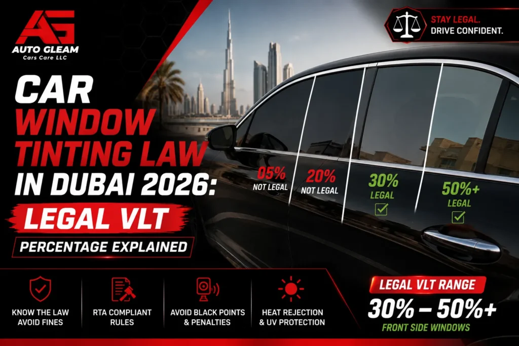 car window tinting law in Dubai 2026, legal tint percentage in Dubai, Dubai window tinting laws, Dubai car tint rules, 50% VLT Dubai, VLT percentage Dubai, Visible Light Transmission, legal window tint Dubai, car window tint Dubai, illegal window tint Dubai, window tint fine Dubai, Dubai tinting fine, vehicle impoundment Dubai, front windshield tint Dubai, rear window tint Dubai, side window tint Dubai, medical tint exemption Dubai, RTA window tint regulations, UAE window tint law, ceramic window tint Dubai, nano ceramic tint Dubai, heat rejection window tint Dubai, infrared heat rejection, professional car tinting Dubai, car tint removal Dubai, reflective window tint Dubai, factory tinted glass Dubai, window tint VLT meter, Dubai car registration renewal, legal car tint UAE