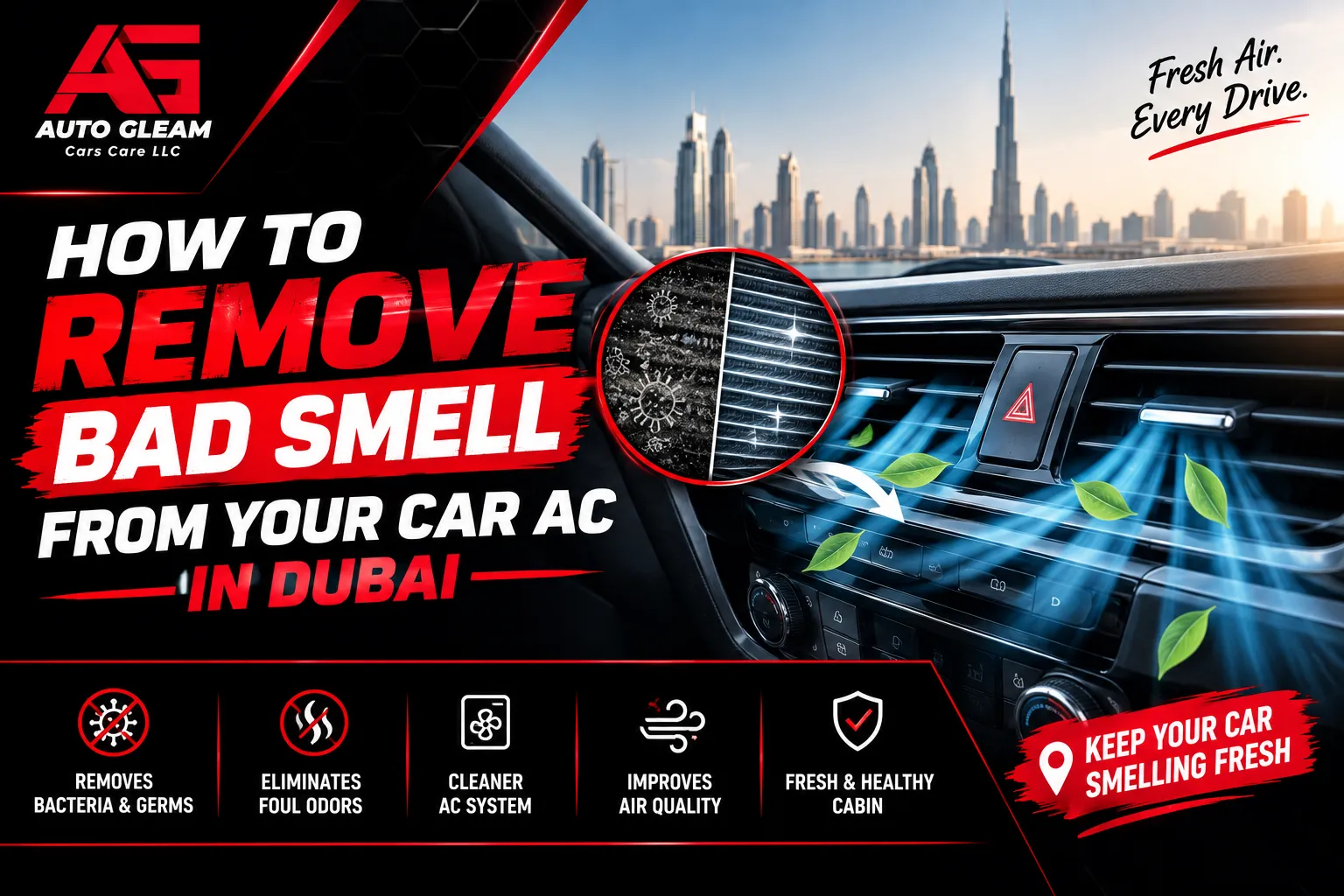 car AC smell in Dubai, bad smell from car AC, car AC odor removal Dubai, car AC cleaning Dubai, AC evaporator cleaning Dubai, car AC odor treatment Dubai